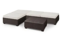 Allibert Salta 5 Tlg Loungeset 4x Hocker 1x Tisch Braun Inkl. Sunbrella Kissen - Rattanoptik, Wetterfest, Garten, Outdoor