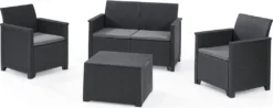 Keter Lounge Set Emma 8-teilig - Graphit , 2 Sessel + 2er Sofa + 1 Tisch Mit Aufbewahrungsbox-Funktion + 4 Sitzauflagen